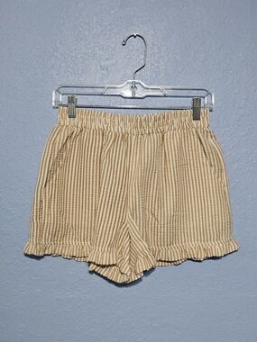 Free People Cream and Tan Striped High-Waist Ruffle Shorts